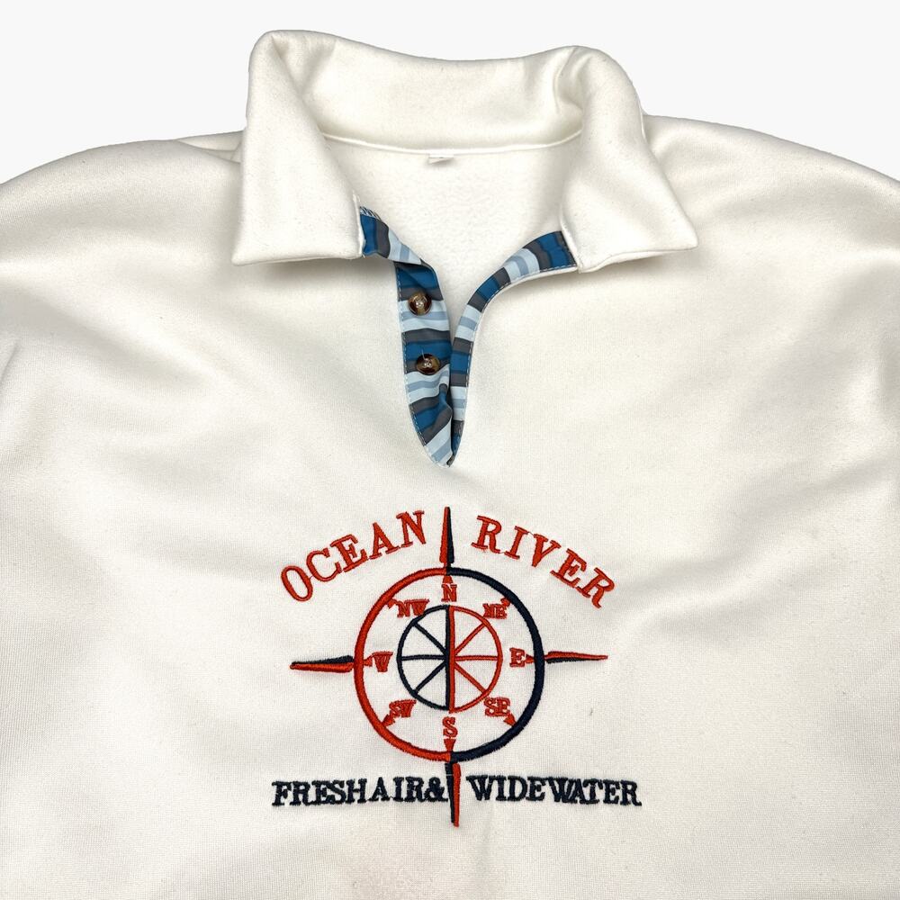 Ocean River Embroidered Compass Collared Pullover Sweatshirt (White | Size S) - Picture 2 of 5